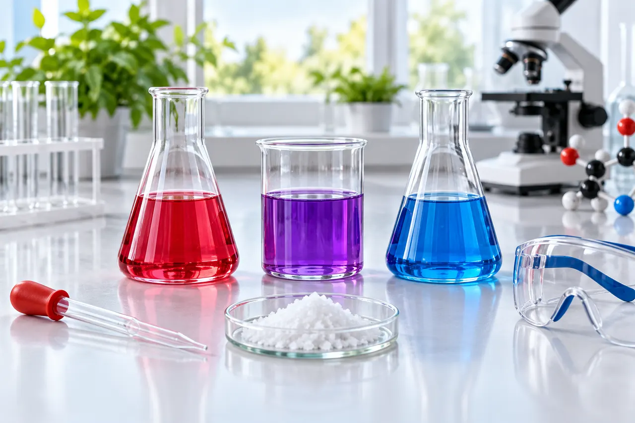 Indicator solutions and salt crystals used to study acids, bases and salts