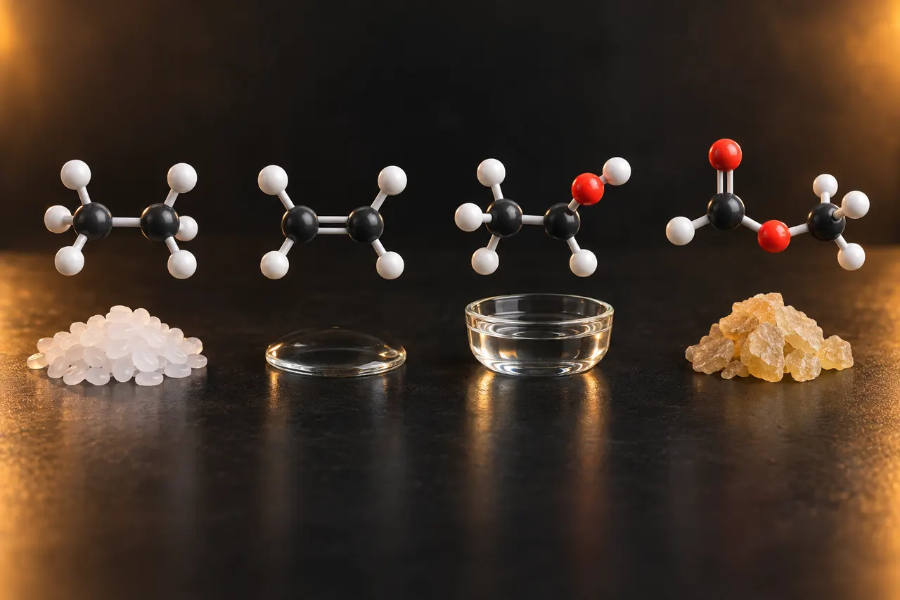 Molecular models and material samples representing carbon compounds