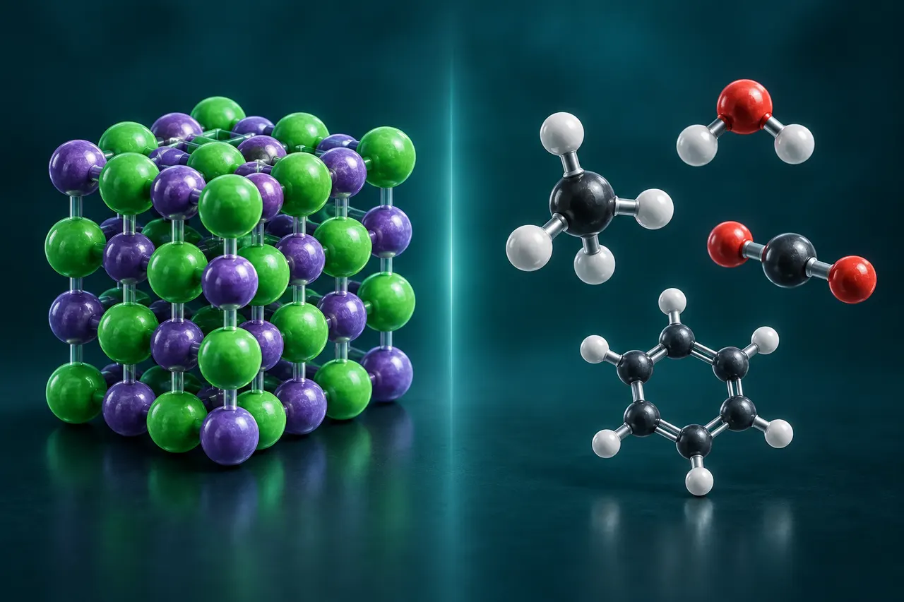Ionic lattice and covalent molecules illustrating chemical bonding