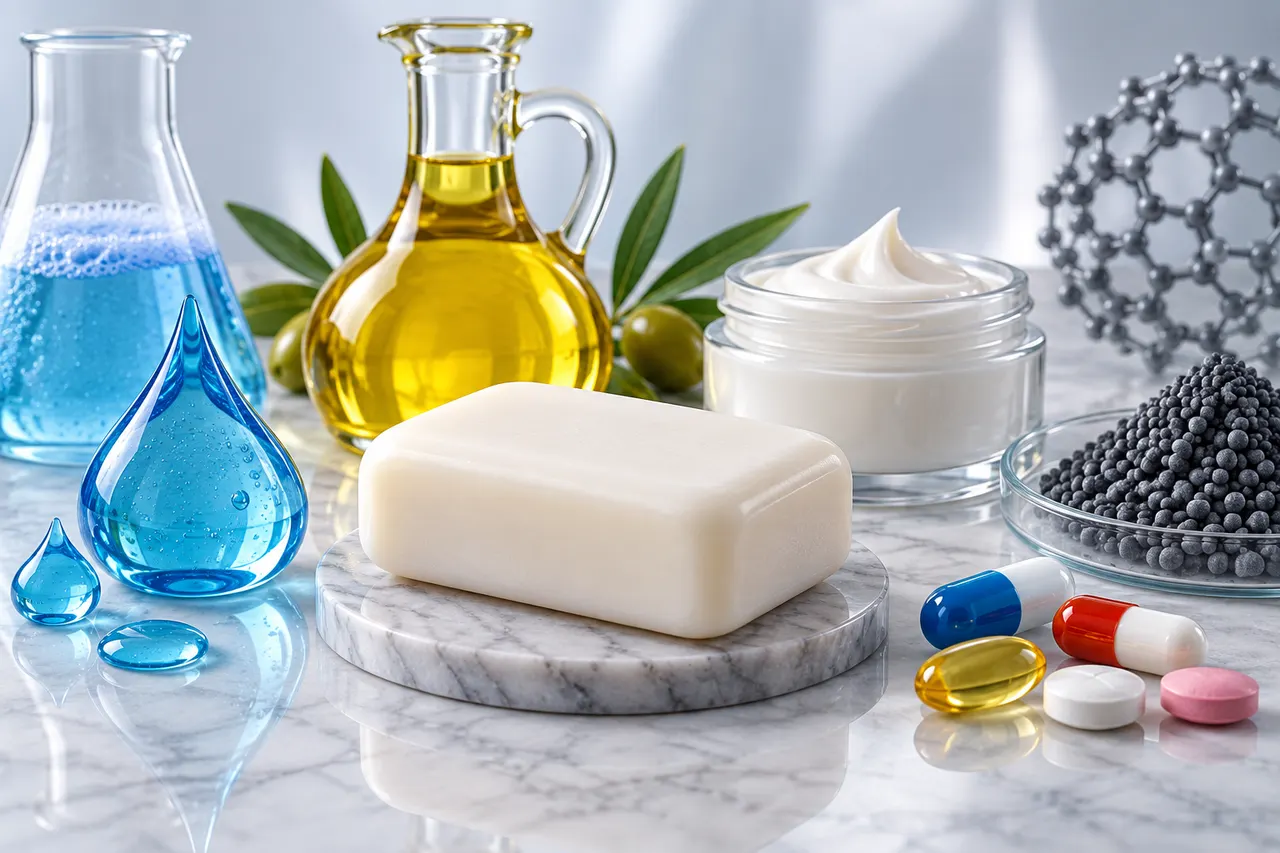 Soap, oils, cosmetics and modern materials representing consumer and industrial Chemistry