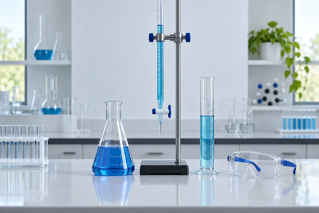 Burette, conical flask and safety goggles prepared for an SPM Chemistry experiment