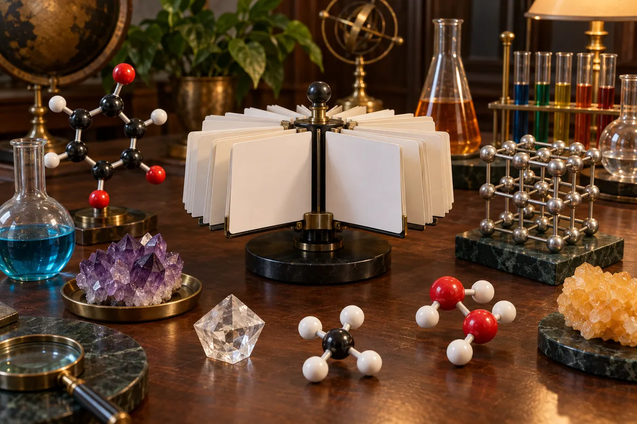Chemistry reference cards surrounded by molecular and crystal models