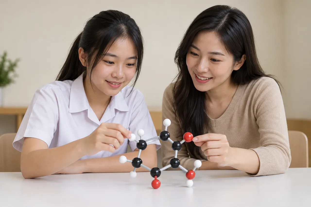 Student learning SPM Chemistry with an experienced tutor and a molecular model