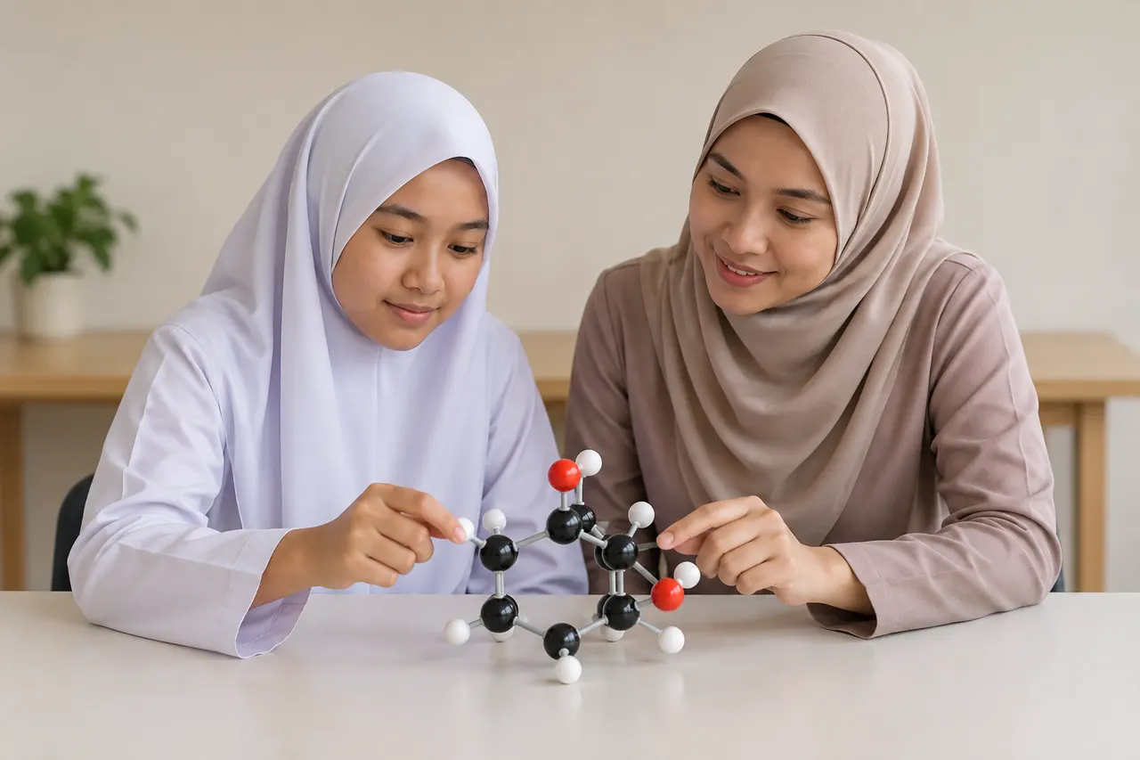 Pelajar mempelajari Kimia SPM bersama guru berpengalaman dan model molekul