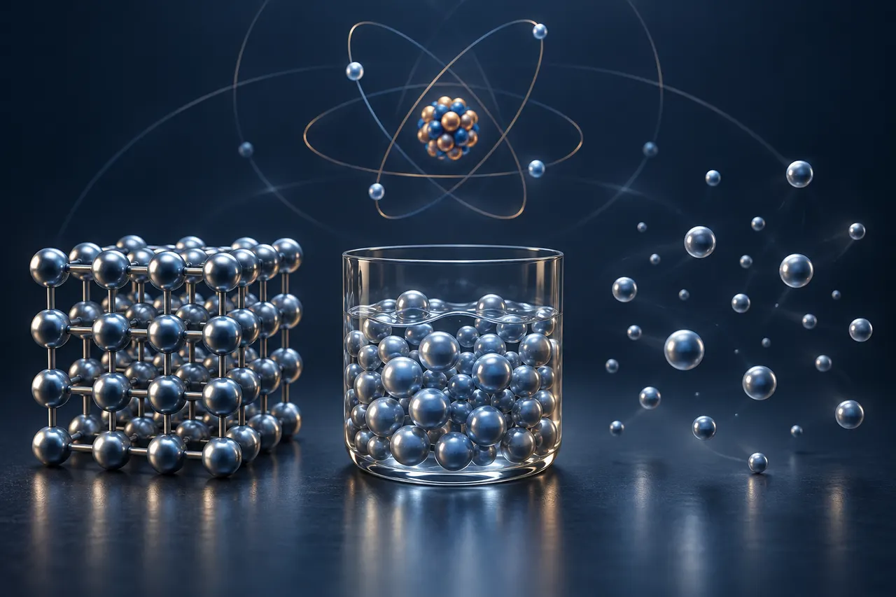 Particle models showing solid, liquid and gas states with atomic structure