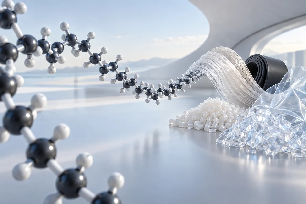 Polymer chains shown with synthetic fibres and polymer materials