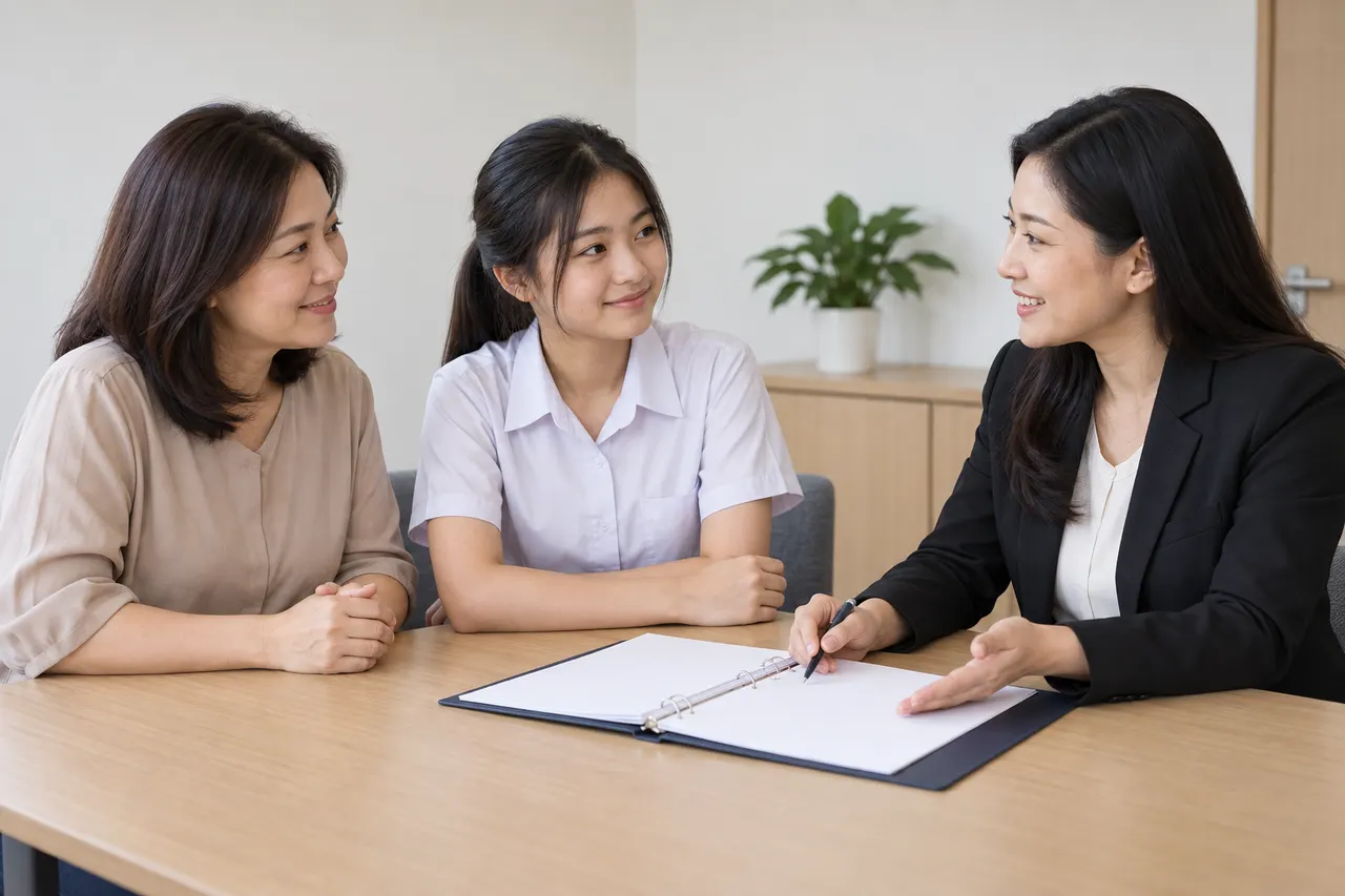 Parent and student discussing a Chemistry learning plan with a teacher
