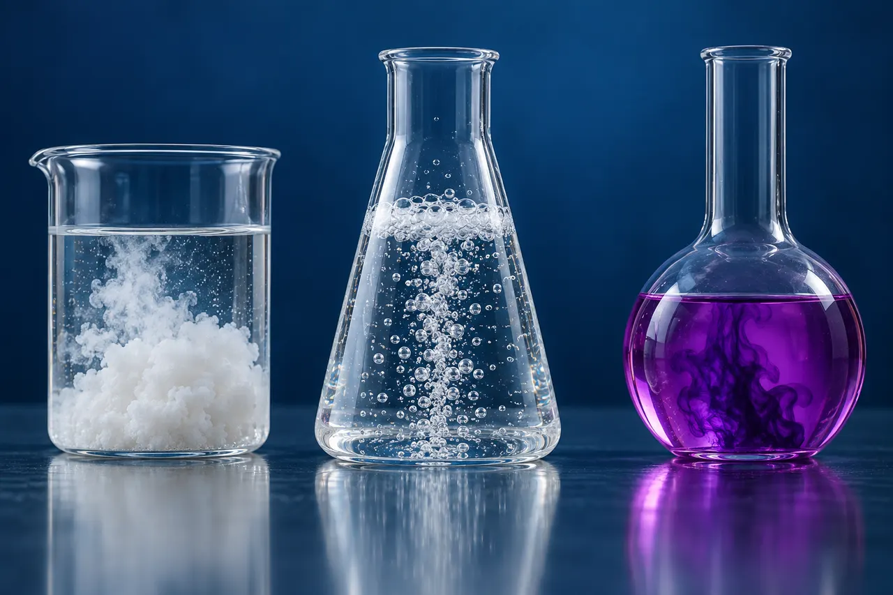 Laboratory vessels demonstrating precipitation, bubbling and colour-change reactions