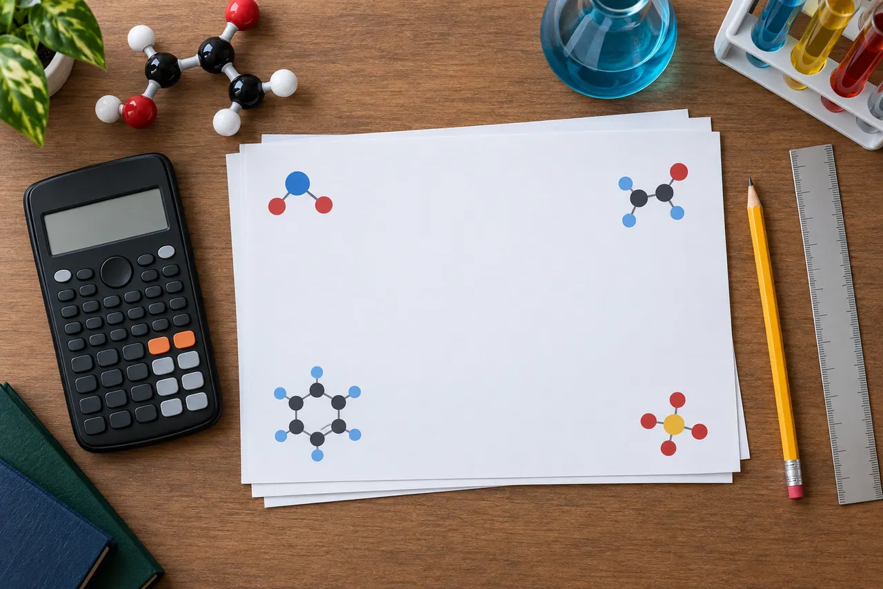 Blank practice papers with Chemistry models and exam tools