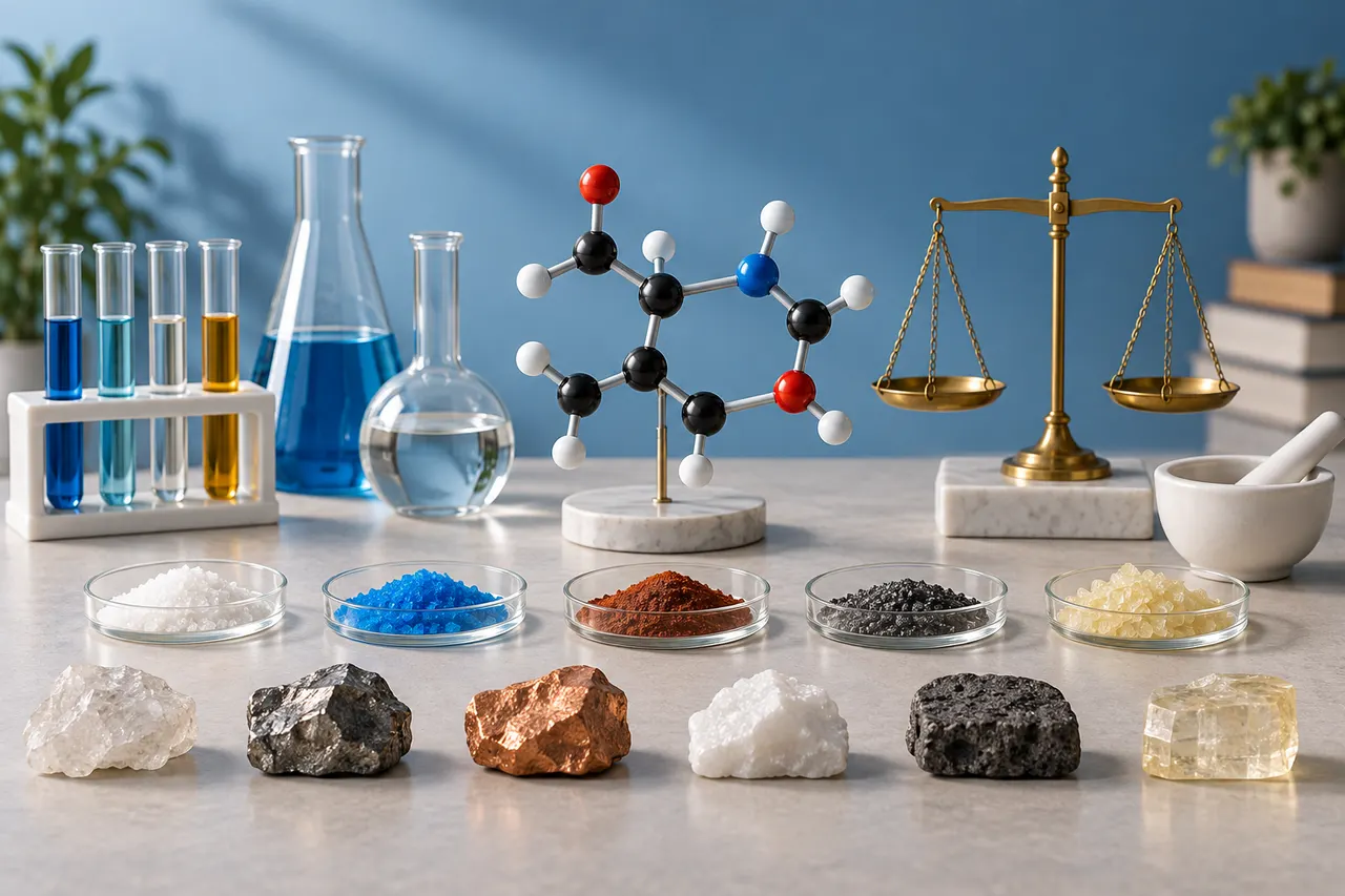 Laboratory equipment, molecular model and element samples representing the SPM Chemistry syllabus