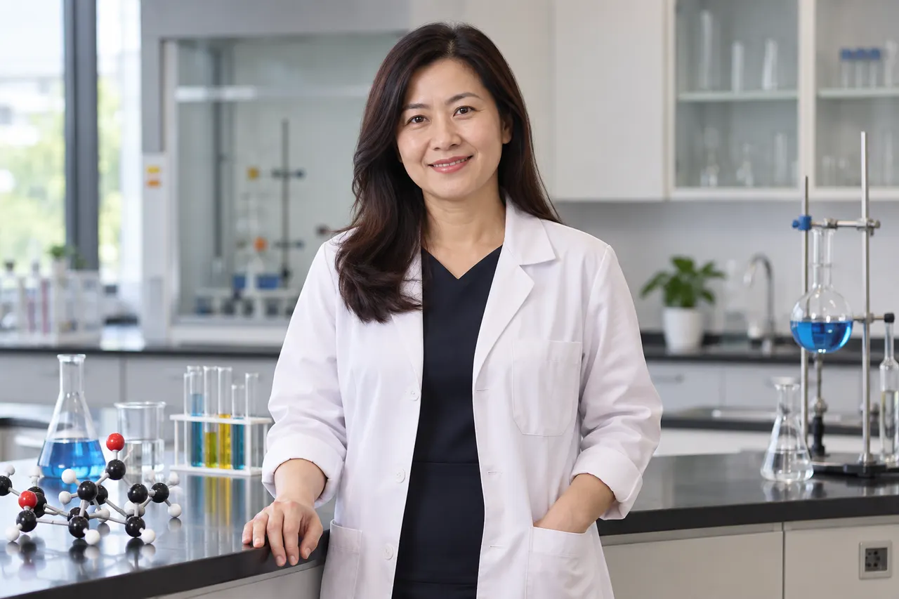 Experienced SPM Chemistry teacher in a modern laboratory