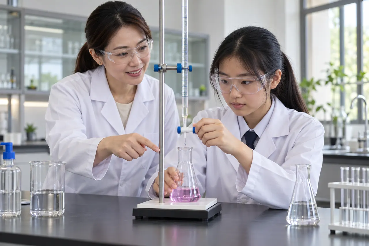 Teacher and student carrying out a supervised Chemistry titration