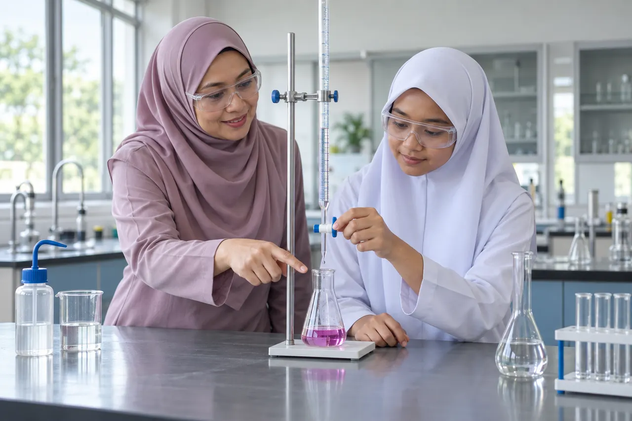 Guru dan pelajar menjalankan pentitratan Kimia dengan selamat